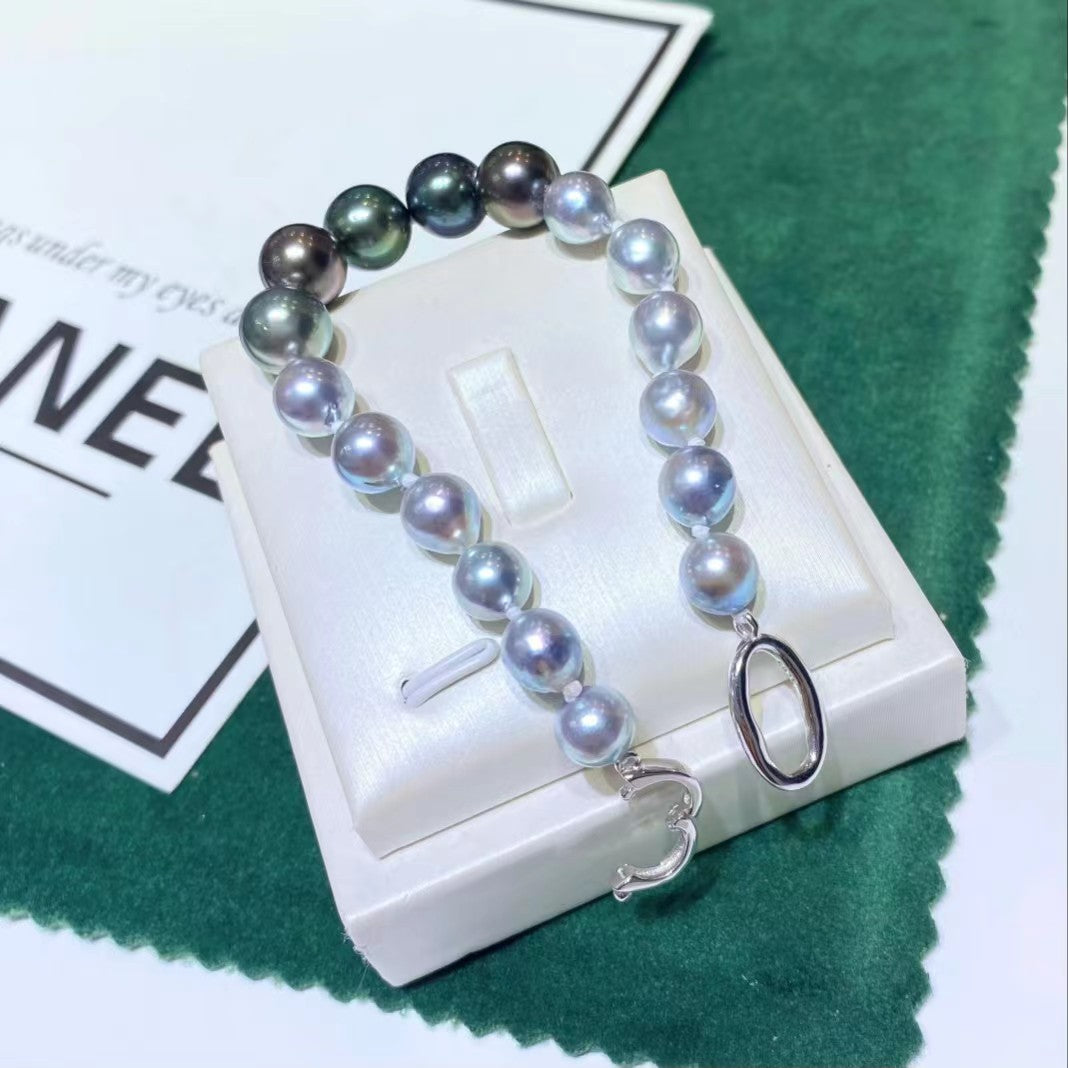 8-9mm Tahitian pearls+7-8mm Grey Akoya pearls bracelet, S925 setting