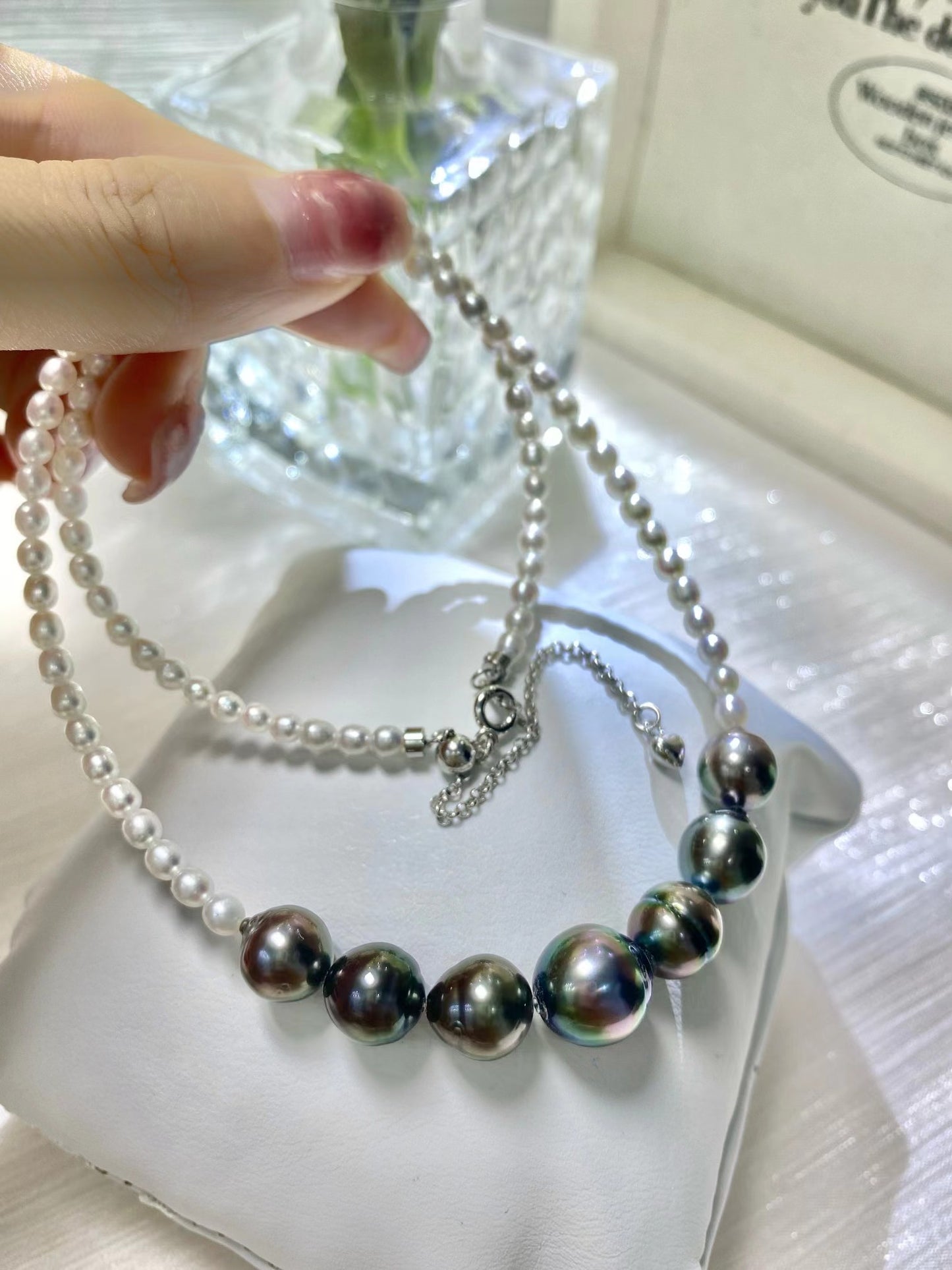 3-4/8-11mm Fresh Water Pearl +Baroque Tahitian Pearl Necklace, S925 Sliver Setting