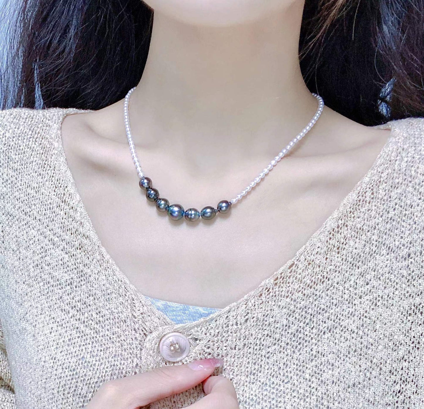 3-4/8-11mm Fresh Water Pearl +Baroque Tahitian Pearl Necklace, S925 Sliver Setting