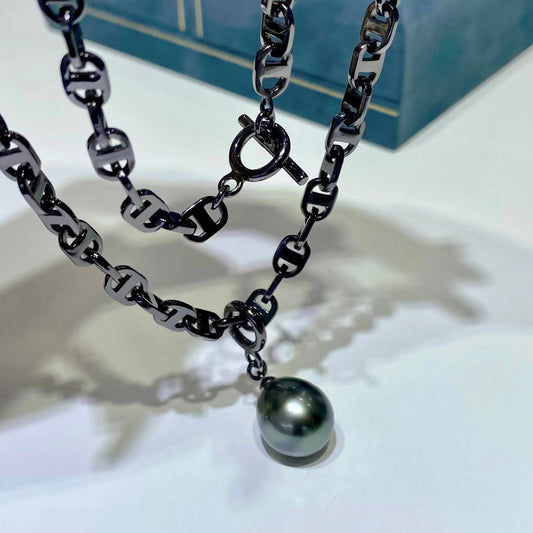 13-14mm Tear drop Tahitian pearl necklace, Black S925 seeting