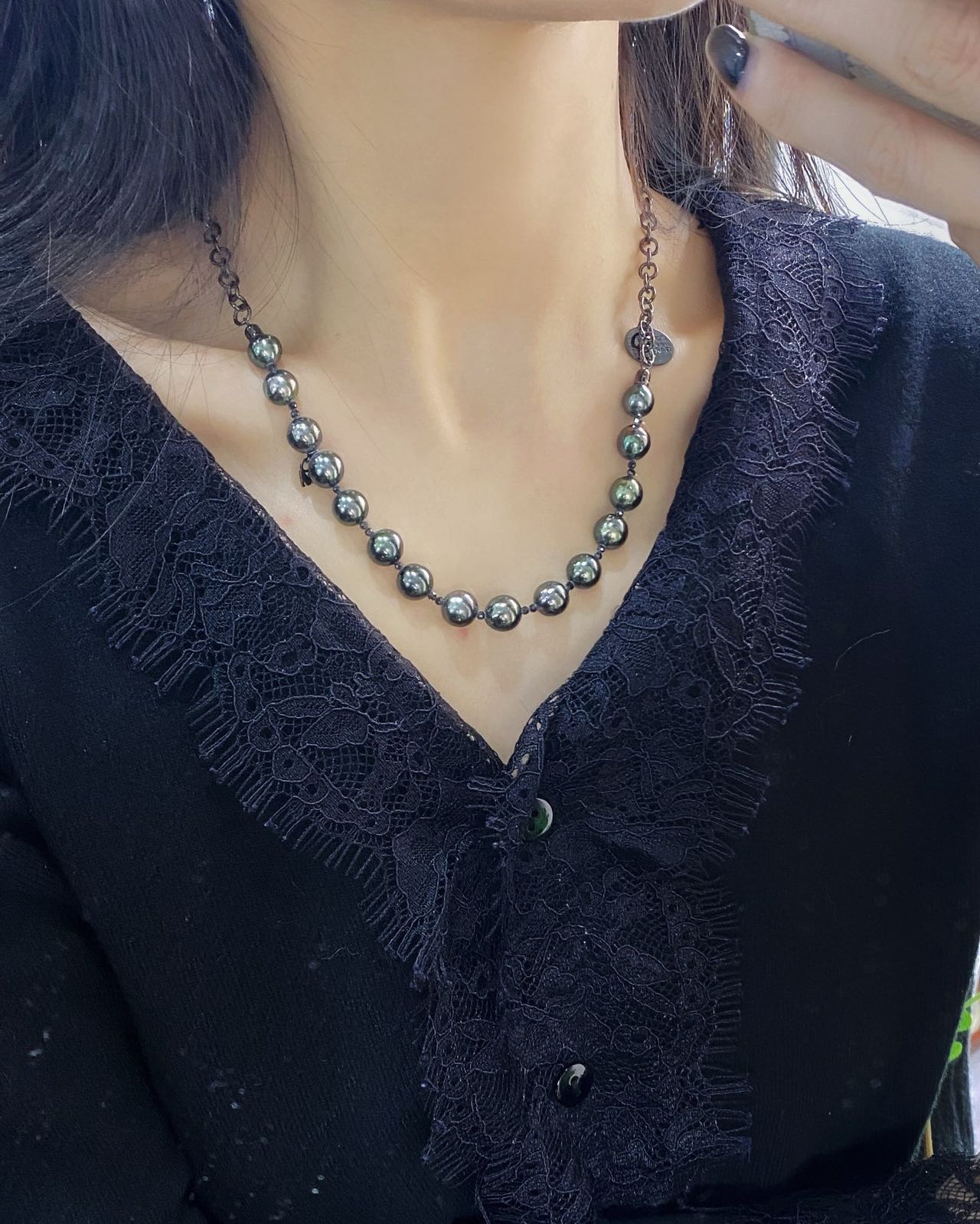 8-9mm Baroque Tahitian Pearl Necklace, S925 Black Sliver Setting