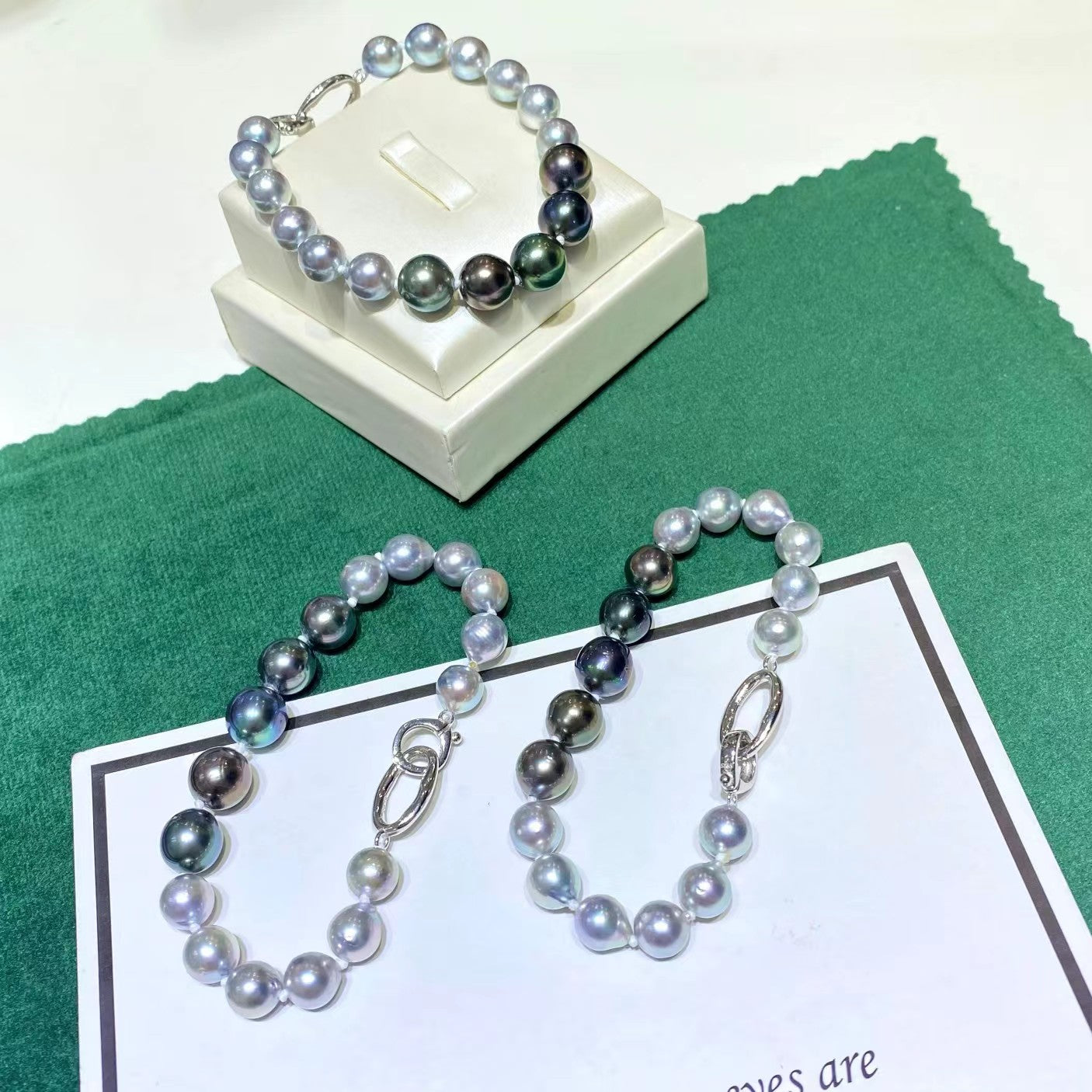 8-9mm Tahitian pearls+7-8mm Grey Akoya pearls bracelet, S925 setting