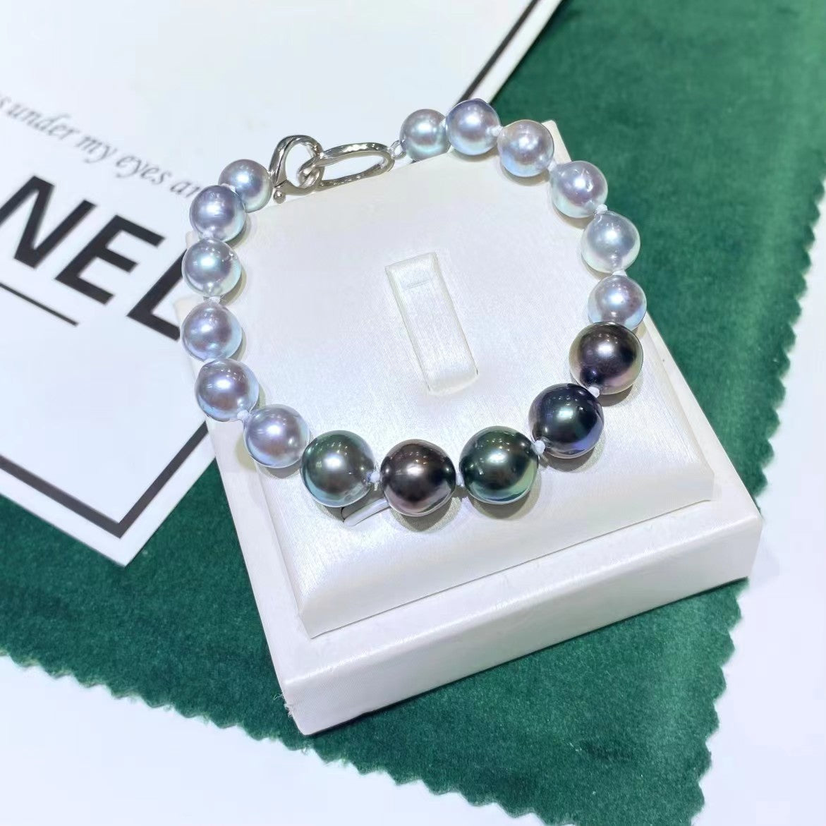 8-9mm Tahitian pearls+7-8mm Grey Akoya pearls bracelet, S925 setting