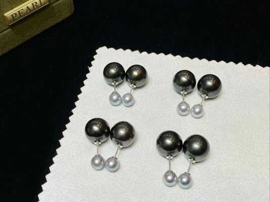 12-13mm Tahitian Pearl+6-7mm Akoya pearl stud earring, S925 setting