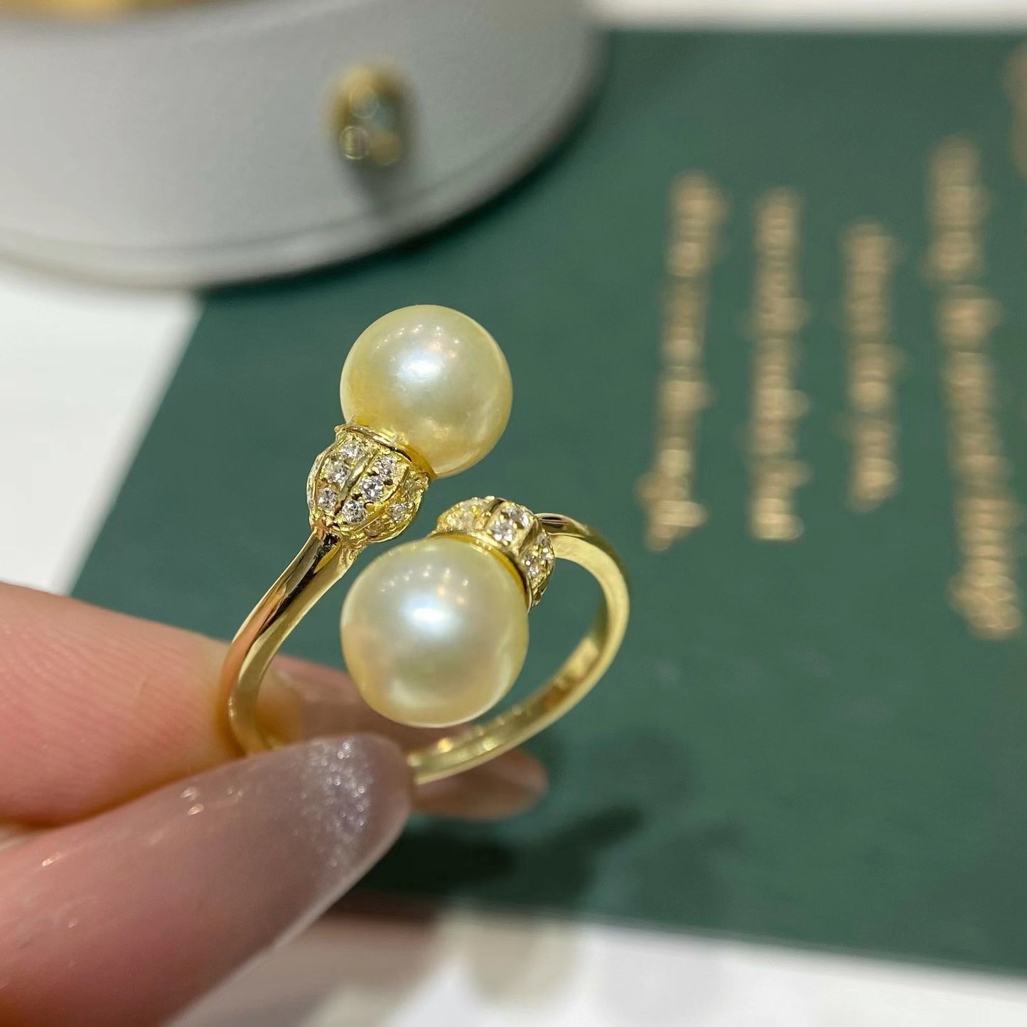 7-8mm Feather gold Akoya pearl ring, S925 setting