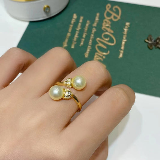 7-8mm Feather gold Akoya pearl ring, S925 setting