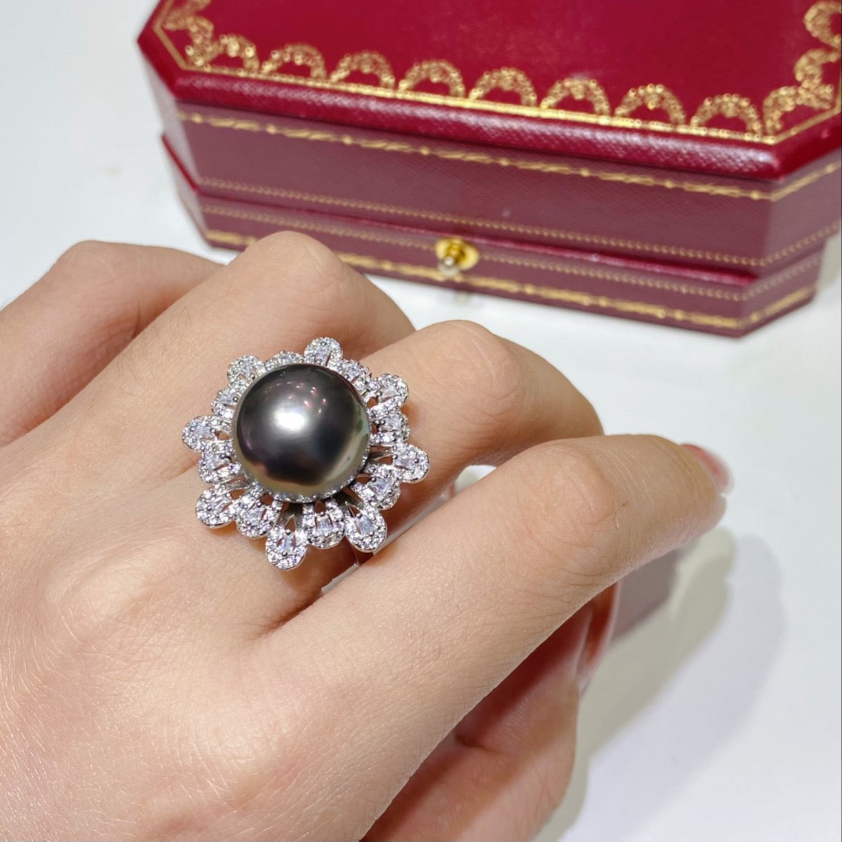 13-14mm Flower Tahitian pearl ring, S925 setting