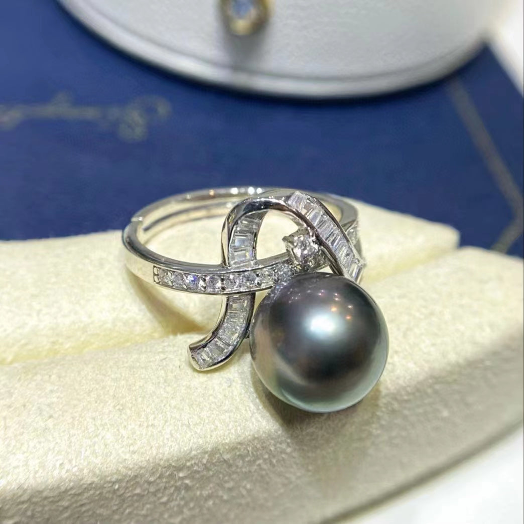 10-11mm Bowknot Tahitian pearl ring, S925 setting