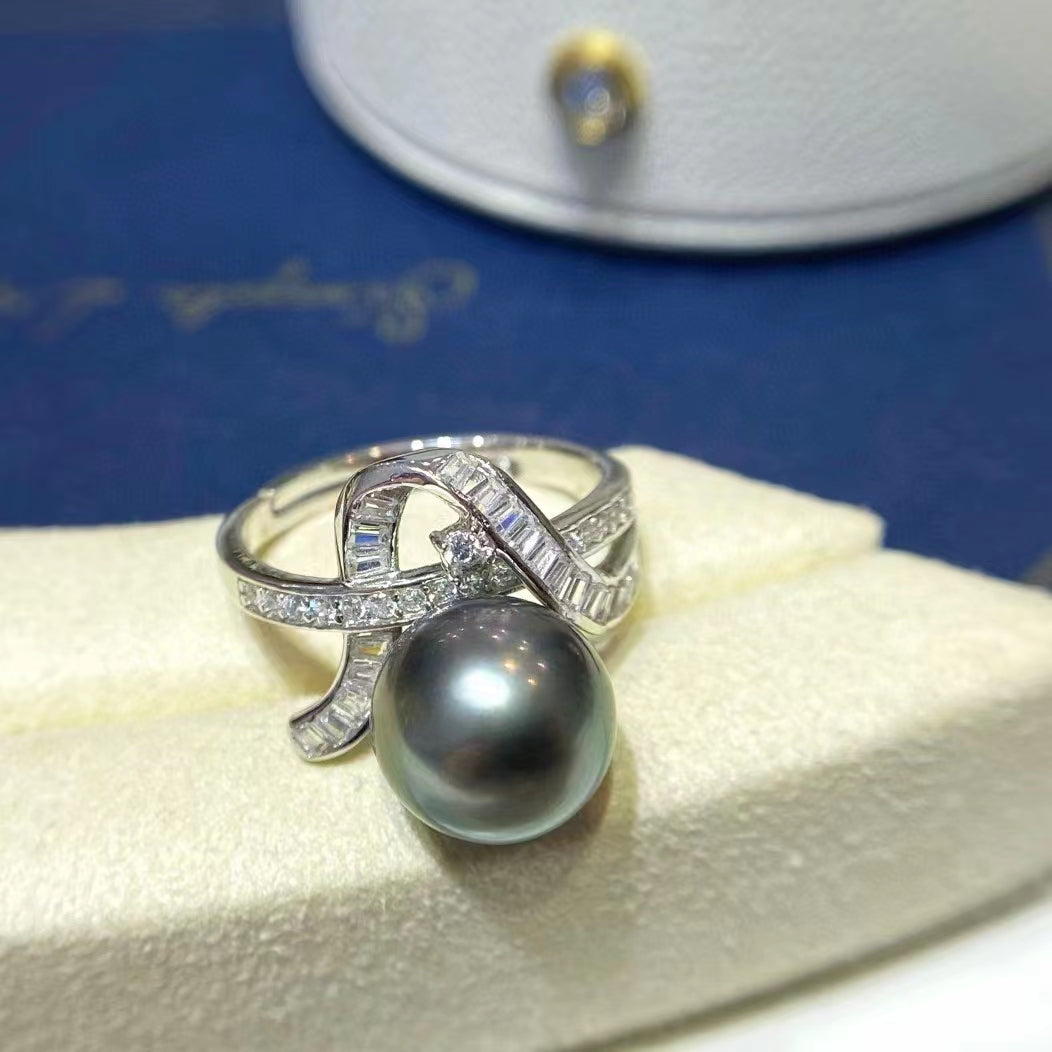 10-11mm Bowknot Tahitian pearl ring, S925 setting