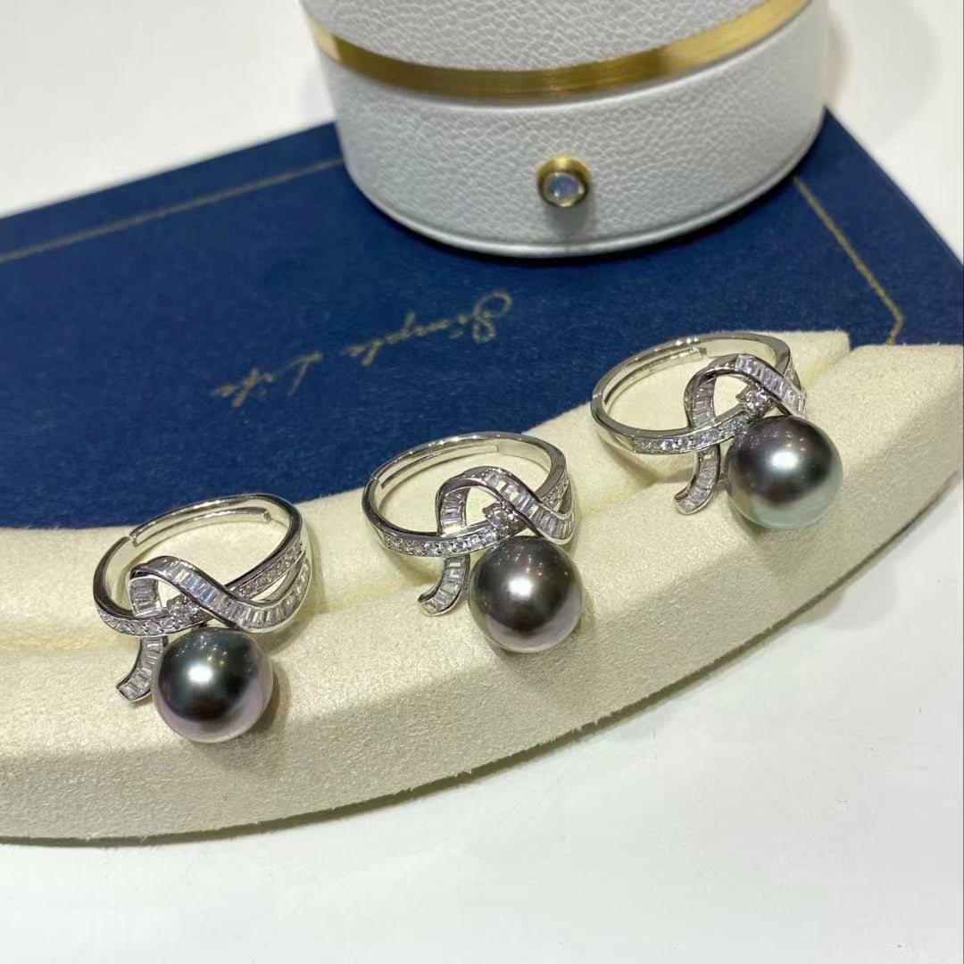 10-11mm Bowknot Tahitian pearl ring, S925 setting