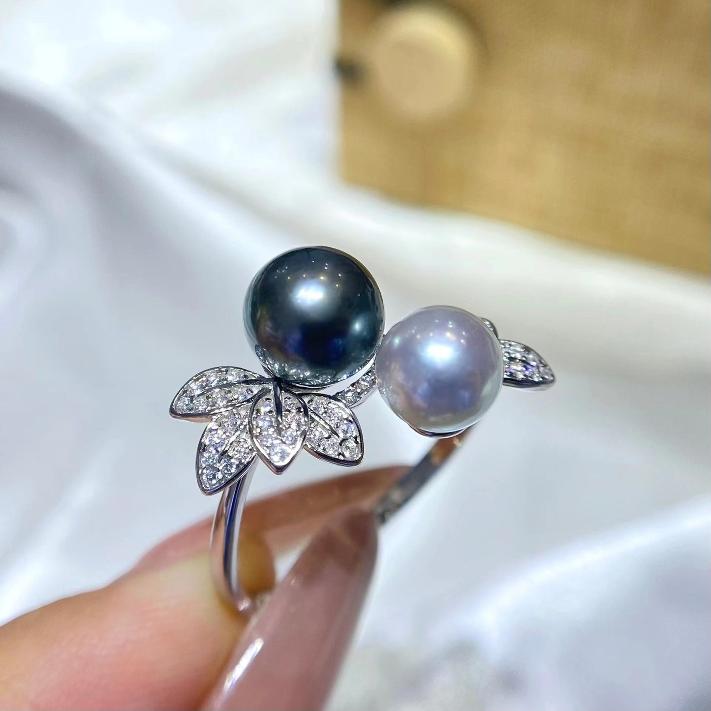 6-8mm Two Pearls Flower Ring, S925 Setting