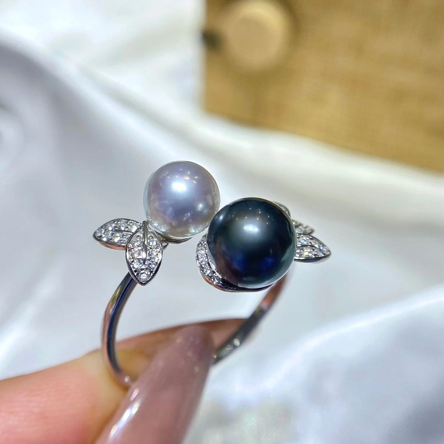 6-8mm Two Pearls Flower Ring, S925 Setting