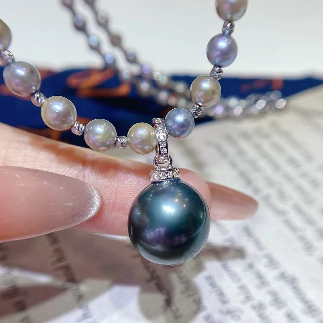 4-5/13-14mm Grey Akoya+Tahitian Pearl necklace, S925 Setting