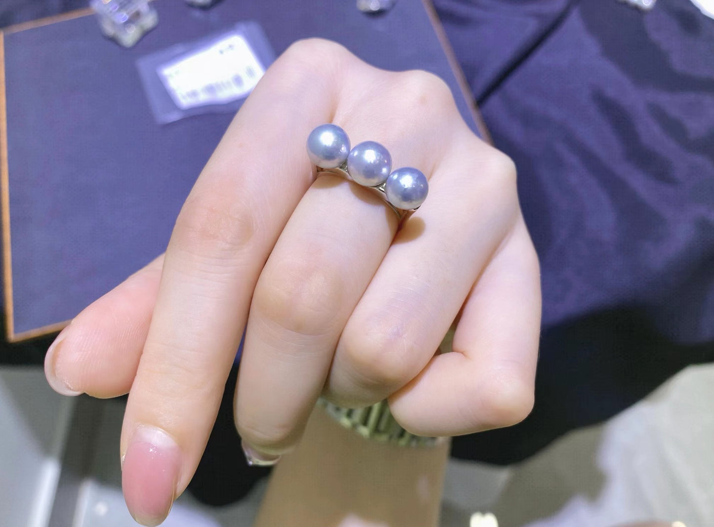 7-8mm Grey Akoya Pearl Balance Bean Ring, S925 Setting