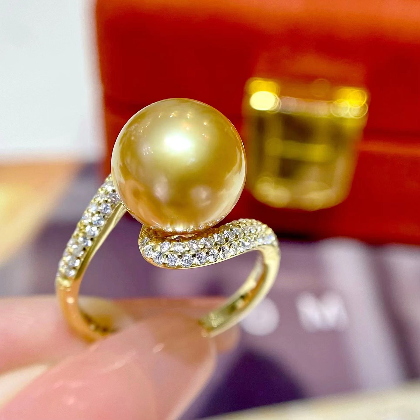 10-11mm Cross-Style Golden Pearl Ring, S925 Setting