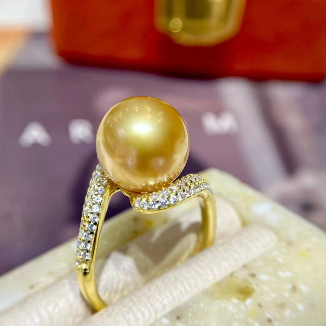 10-11mm Cross-Style Golden Pearl Ring, S925 Setting