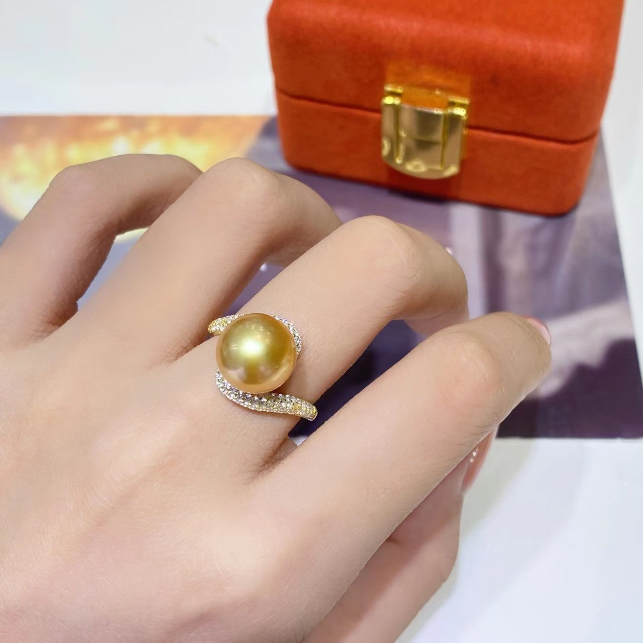 10-11mm Cross-Style Golden Pearl Ring, S925 Setting