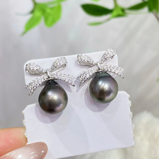 10-11mm Tear drop shape Tahitian Pearl Bowknow Earring, S925 Sliver Setting