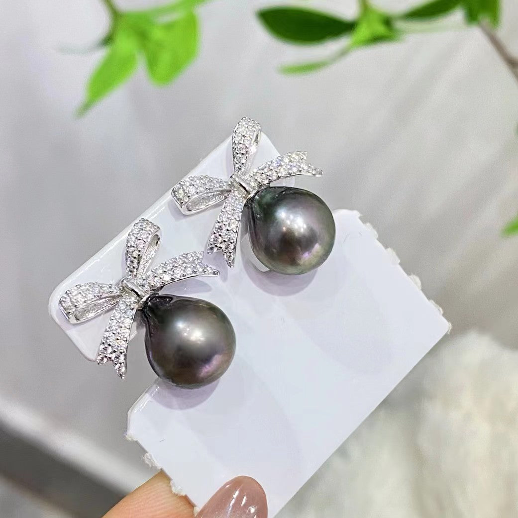 10-11mm Tear drop shape Tahitian Pearl Bowknow Earring, S925 Sliver Setting