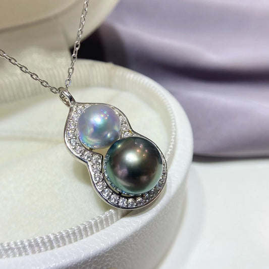 8-11mm Tahitian Pearl+Grey Akoya Pearl Gourd Pendent, S925 Sliver Setting