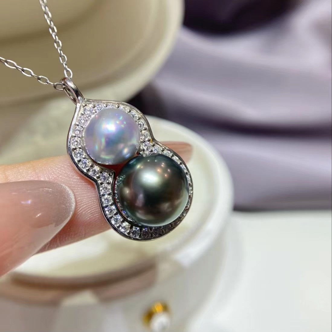 8-11mm Tahitian Pearl+Grey Akoya Pearl Gourd Pendent, S925 Sliver Setting