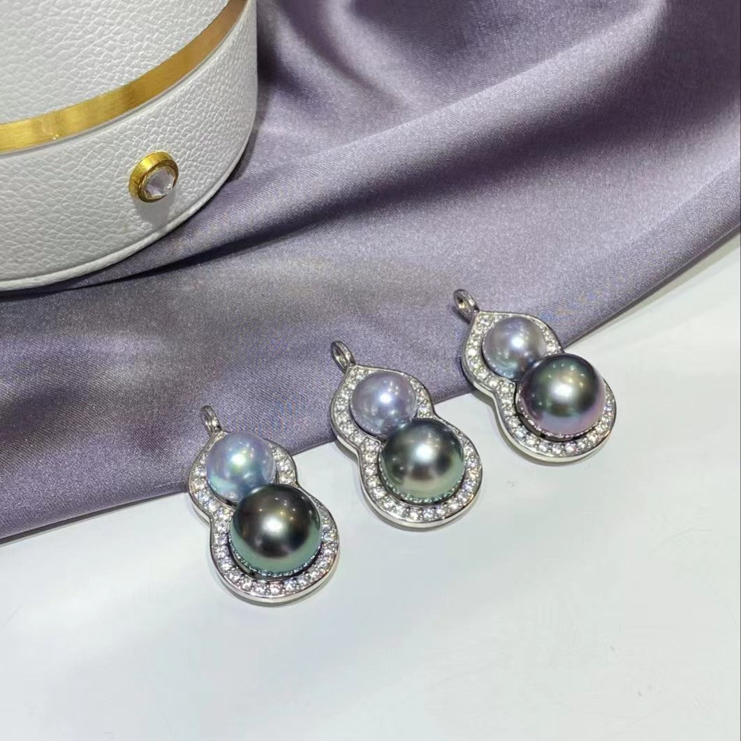 8-11mm Tahitian Pearl+Grey Akoya Pearl Gourd Pendent, S925 Sliver Setting