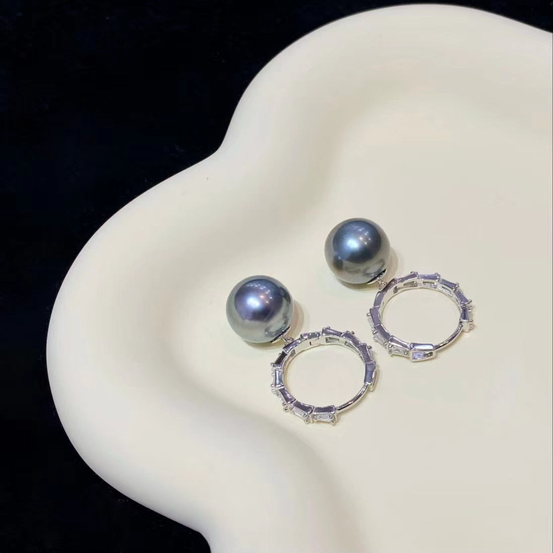 11-12mm Hook Tahitian Pearl Earring, S925 Sliver Setting