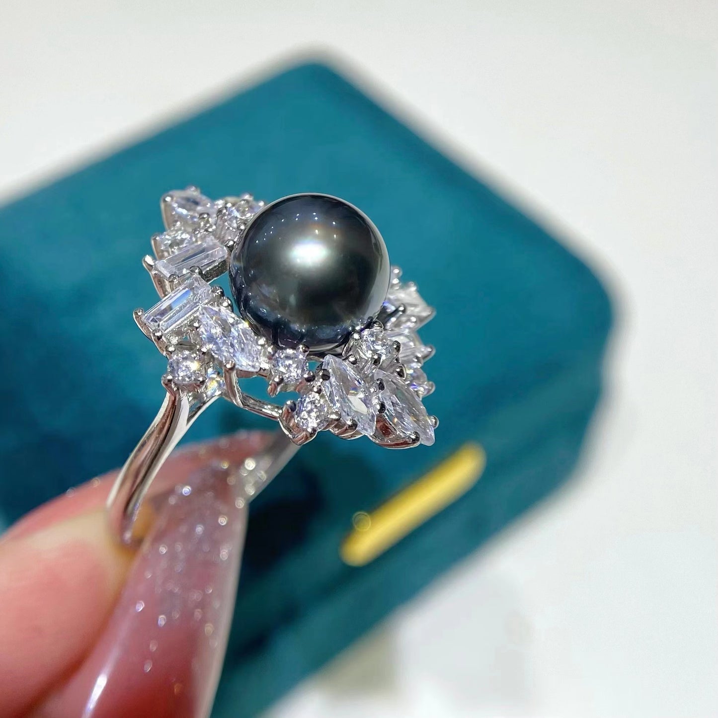 9-10mm Sparkle Tahitian Pearl Ring, S925 Sliver Setting