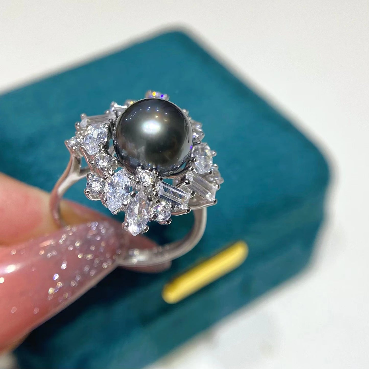 9-10mm Sparkle Tahitian Pearl Ring, S925 Sliver Setting