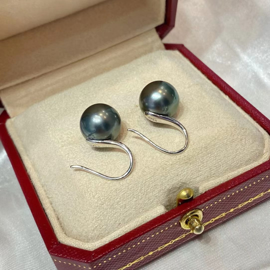 11-12mm High Heel Tahitian Pearl Earring, S925 Sliver Setting