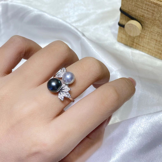 6-9mm Tahitian+Grey Akoya Pearl Flower Ring, S925 Sliver Setting