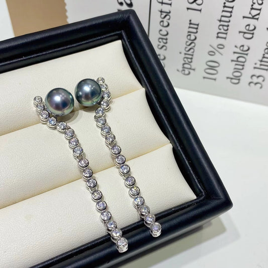 9-10mm Long Tassel Tahitian Pearl Earring, S925 Sliver Setting