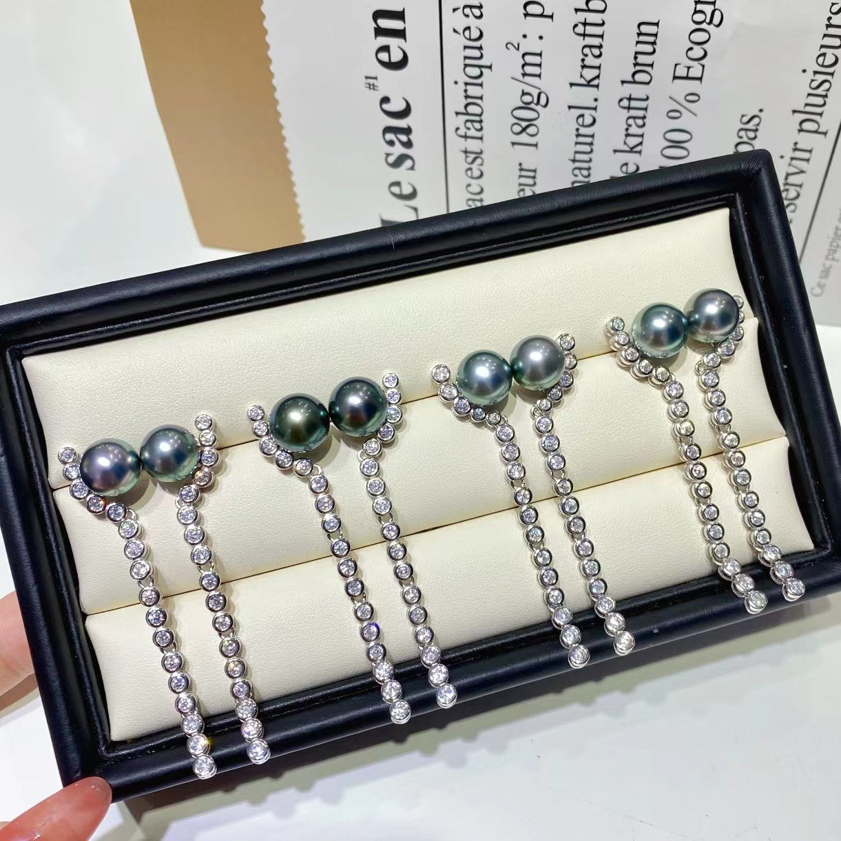 9-10mm Long Tassel Tahitian Pearl Earring, S925 Sliver Setting