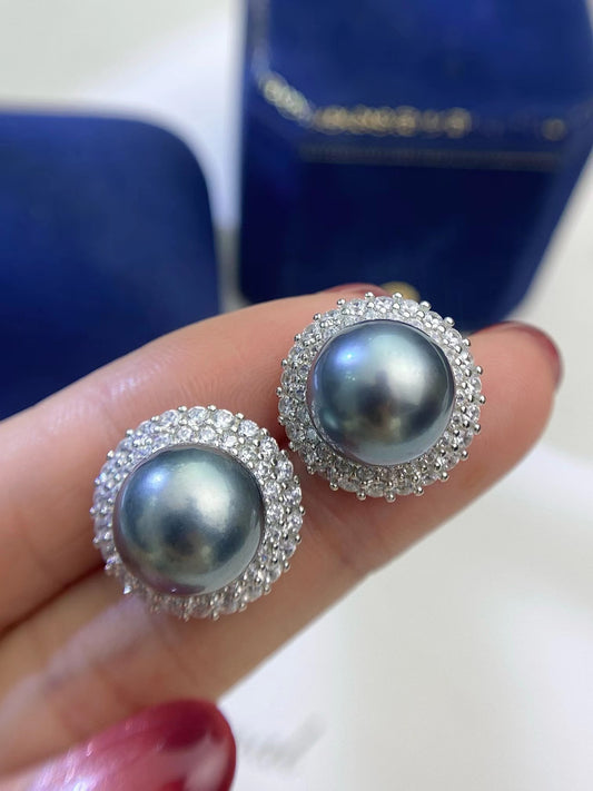 11-12mm Sunflower Tahitian Pearl Earring, S925 Sliver Setting