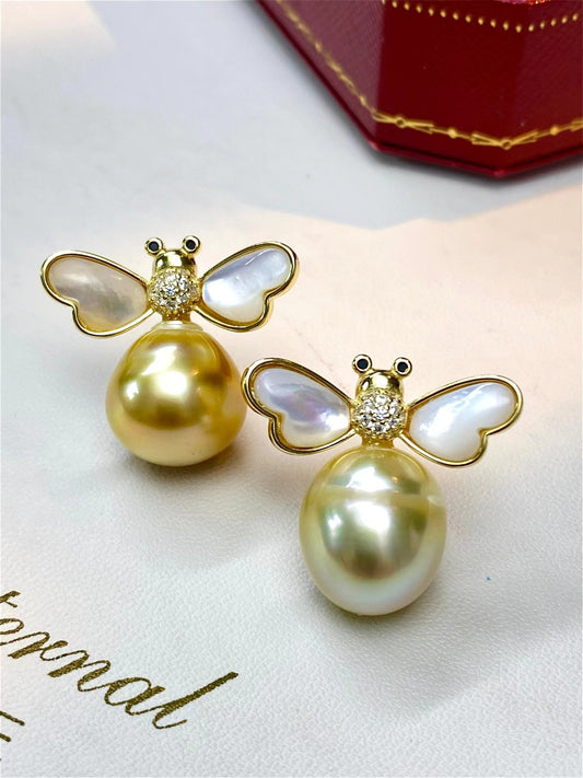 13-14mm Baroque Golden Pearl Bee Pendent, S925 Sliver Setting