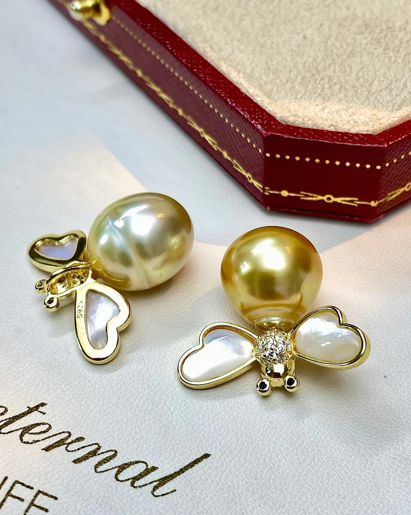 13-14mm Baroque Golden Pearl Bee Pendent, S925 Sliver Setting