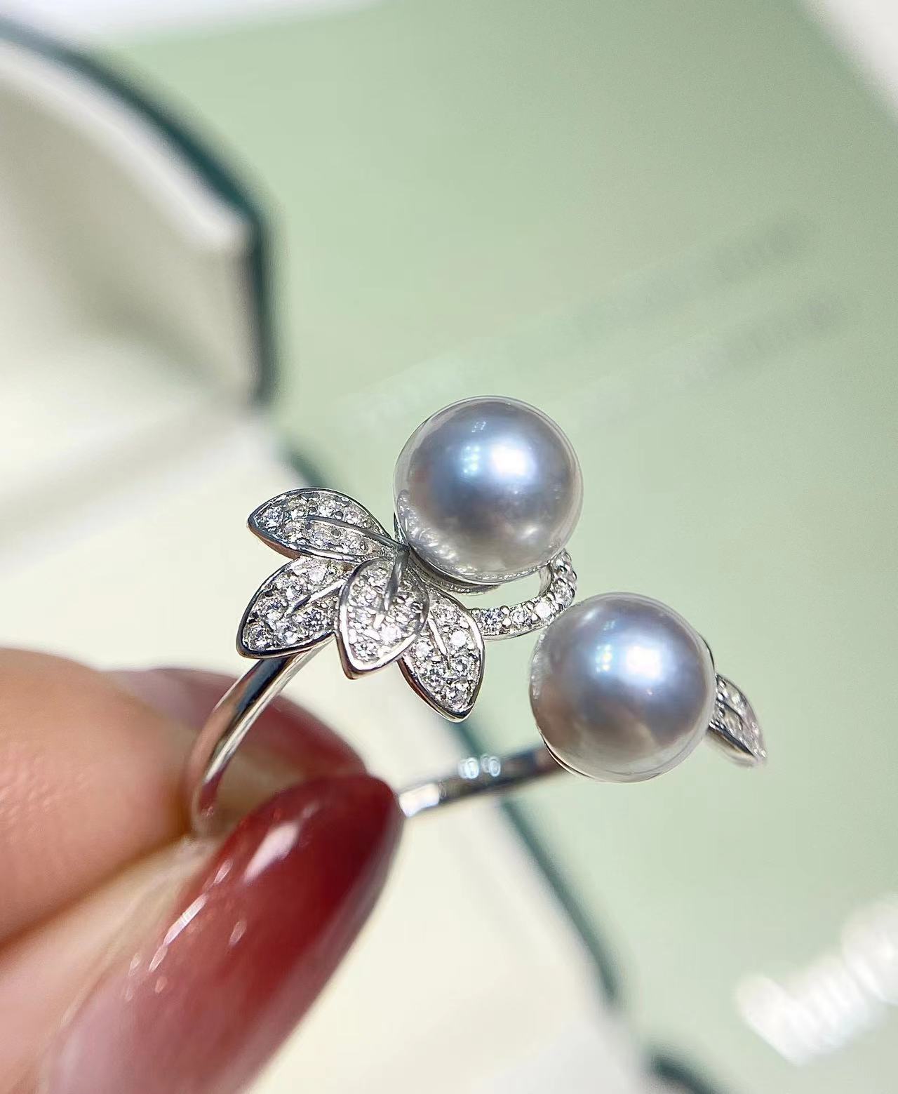 7-8mm Grey Akoya AB Style Pearl Ring, S925 Sliver Ring