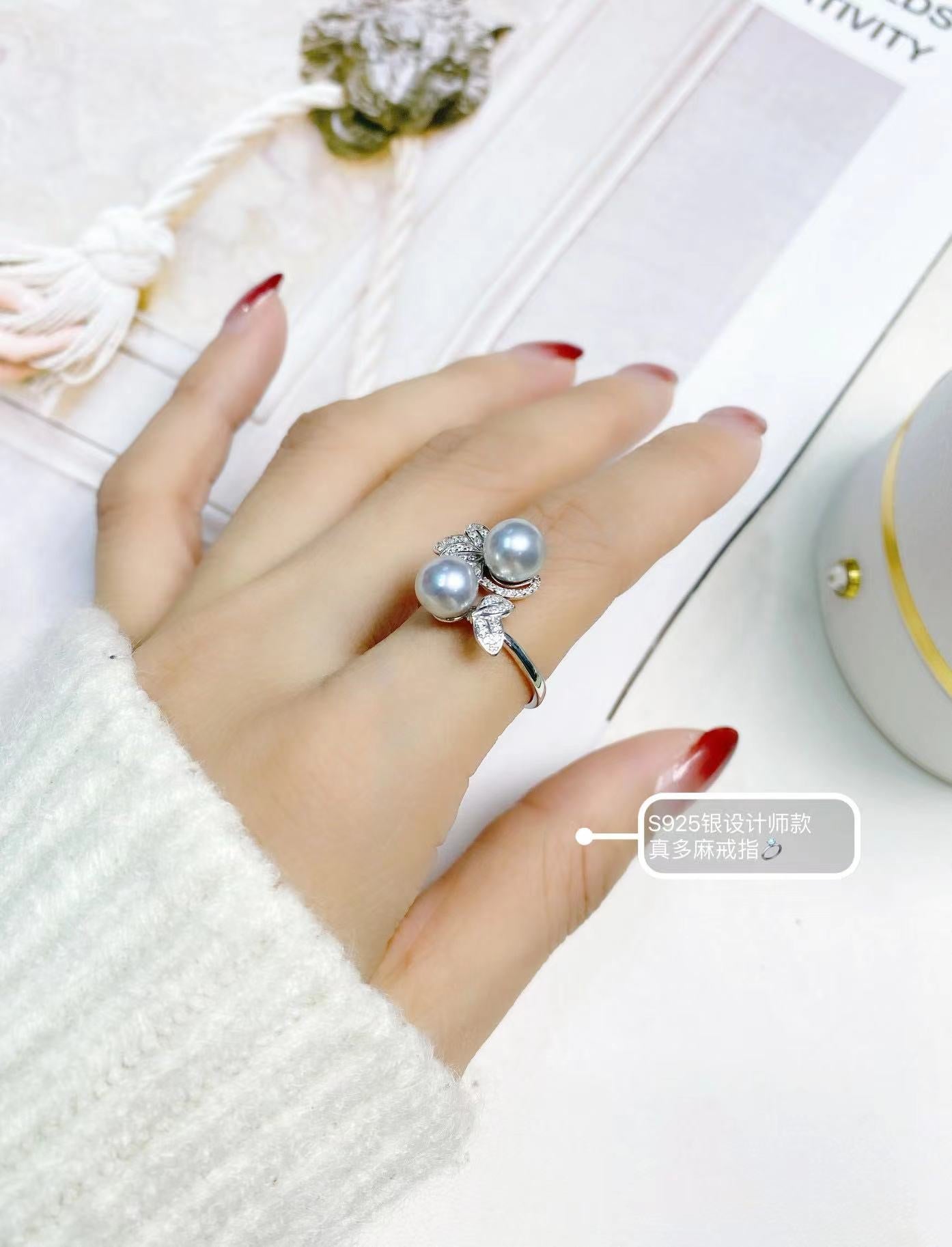 7-8mm Grey Akoya AB Style Pearl Ring, S925 Sliver Ring