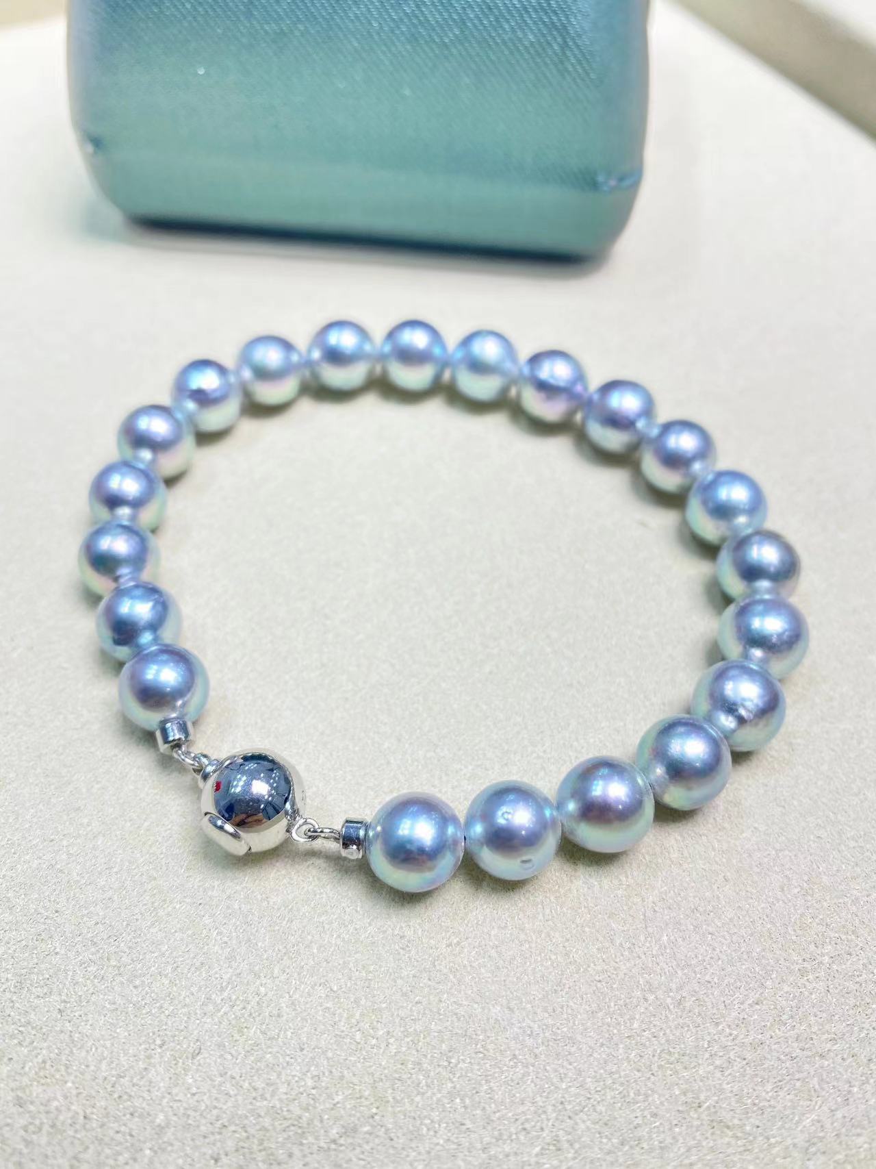 7-8mm Full Beads Grey Akoya Pearl Bracelet, S925 Sliver Setting