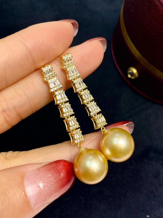 11-12mm Golden Pearl Tower Shape Pearl Earring, S925 Sliver Setting