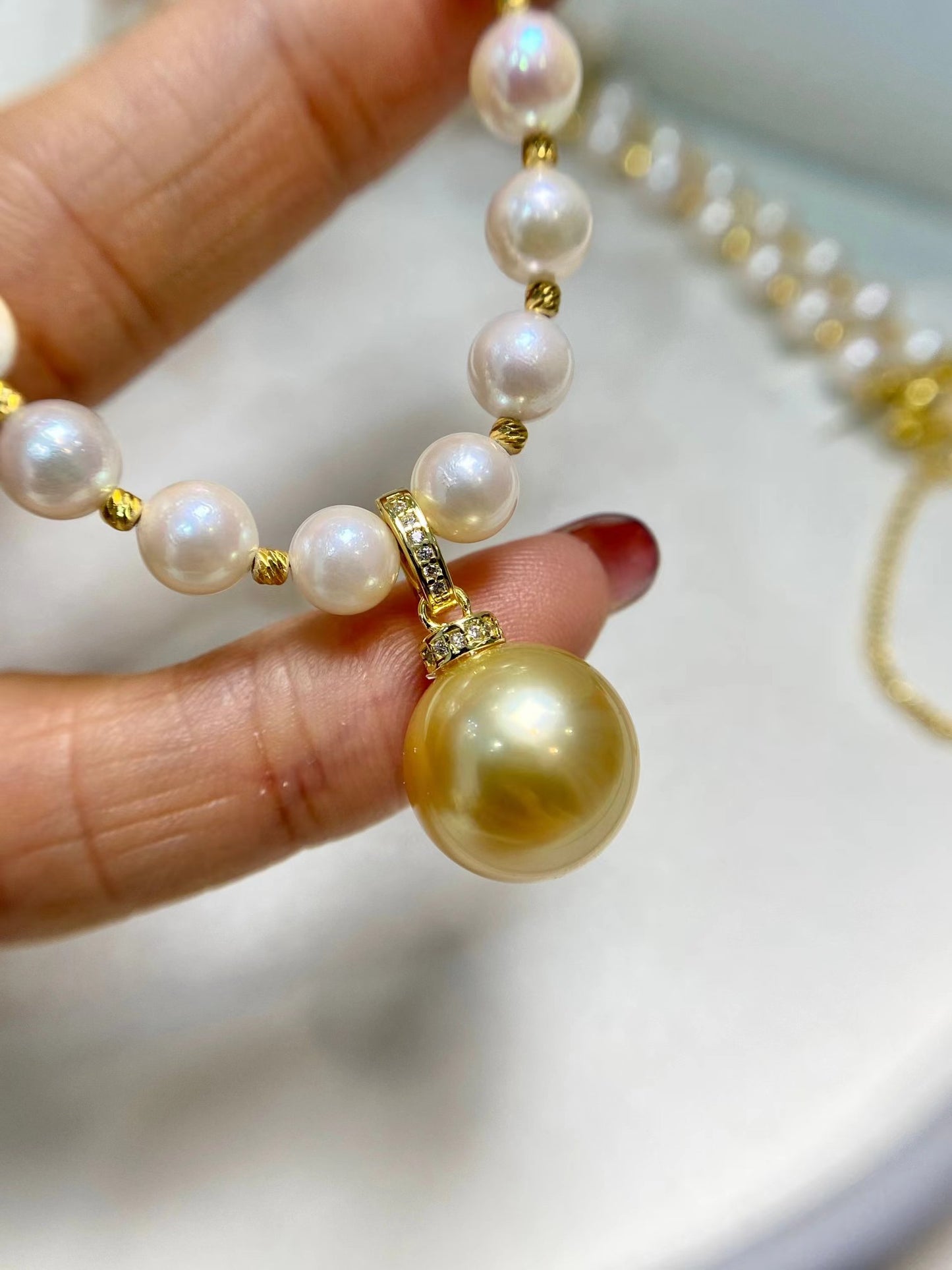 5-6mm Akoya Pearl Necklace+12-13mm Golden Pearl Pendent, S925 Sliver Setting