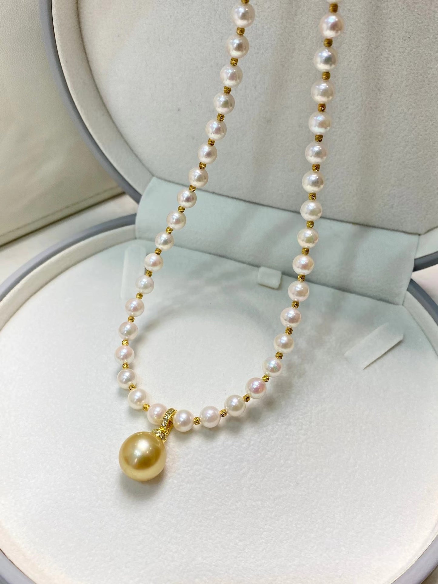 5-6mm Akoya Pearl Necklace+12-13mm Golden Pearl Pendent, S925 Sliver Setting