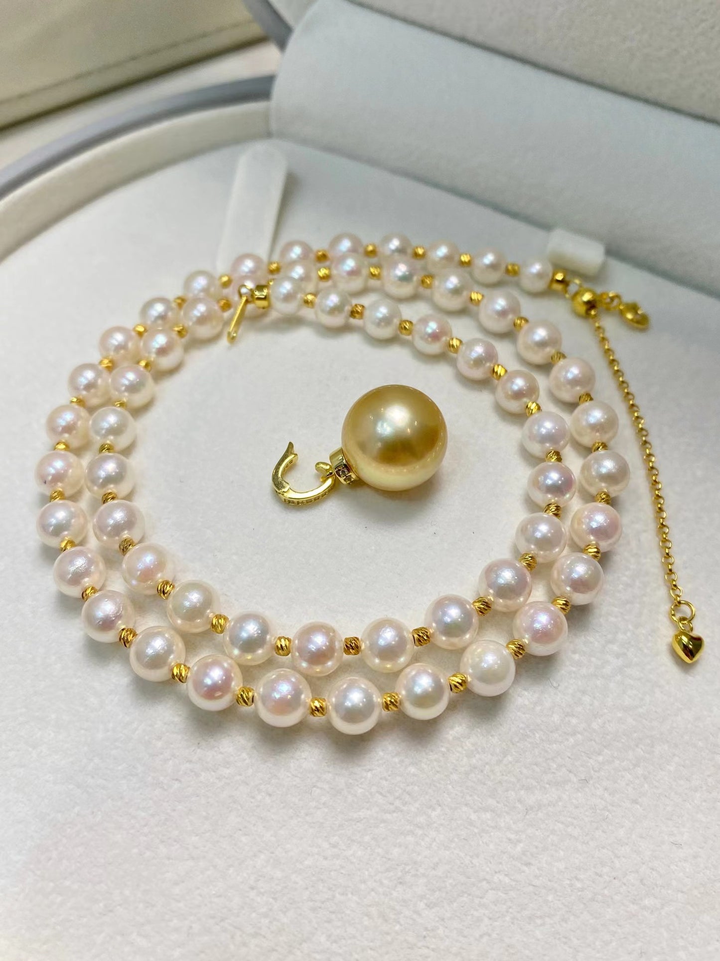 5-6mm Akoya Pearl Necklace+12-13mm Golden Pearl Pendent, S925 Sliver Setting