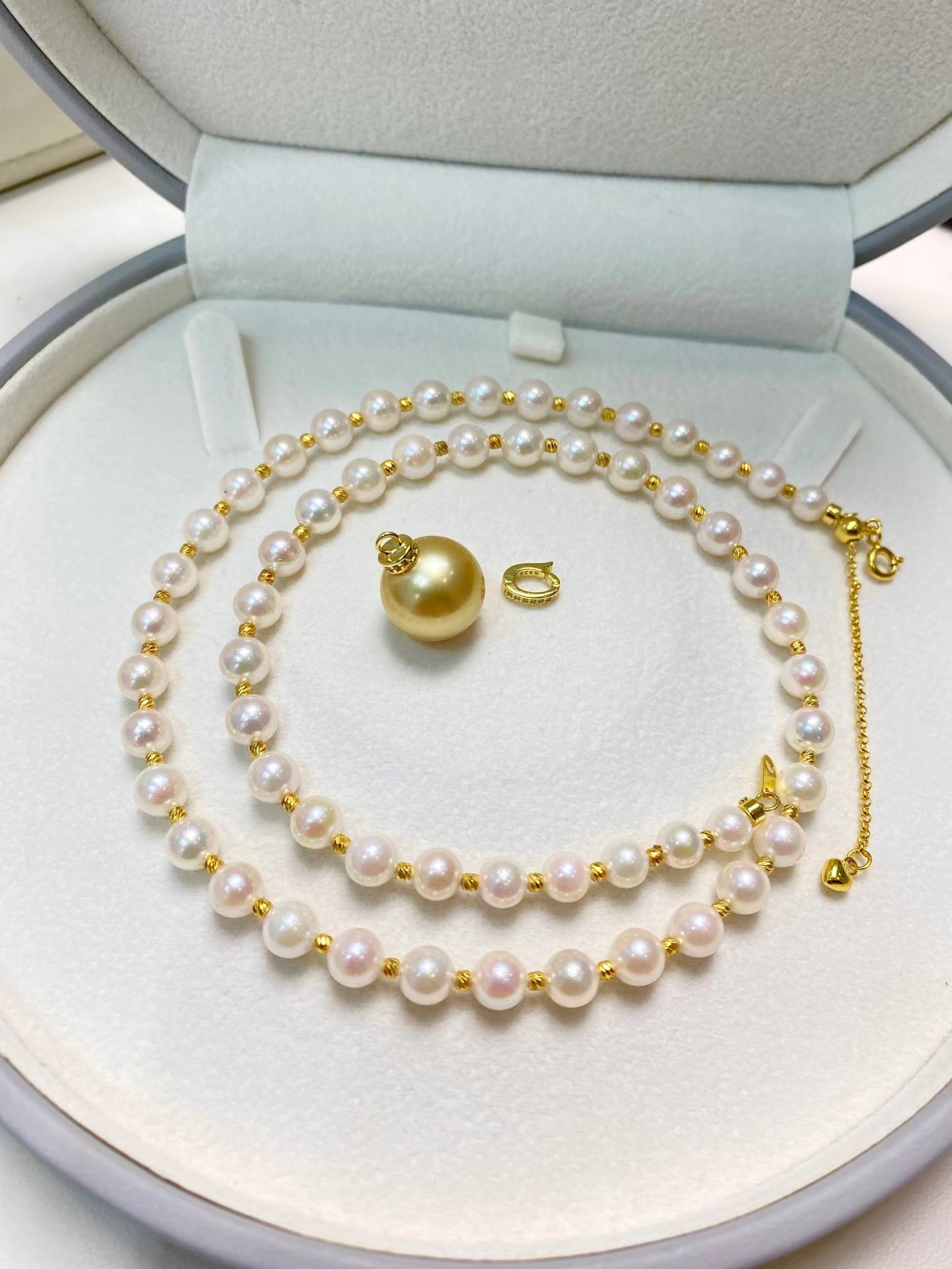 5-6mm Akoya Pearl Necklace+12-13mm Golden Pearl Pendent, S925 Sliver Setting