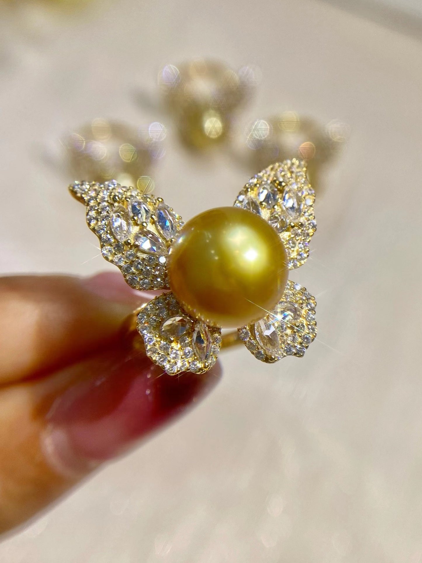 10-11mm Golden Pearl Butterfly Ring, S925 Sliver Setting