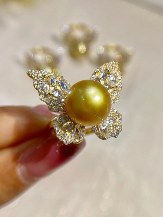 10-11mm Golden Pearl Butterfly Ring, S925 Sliver Setting