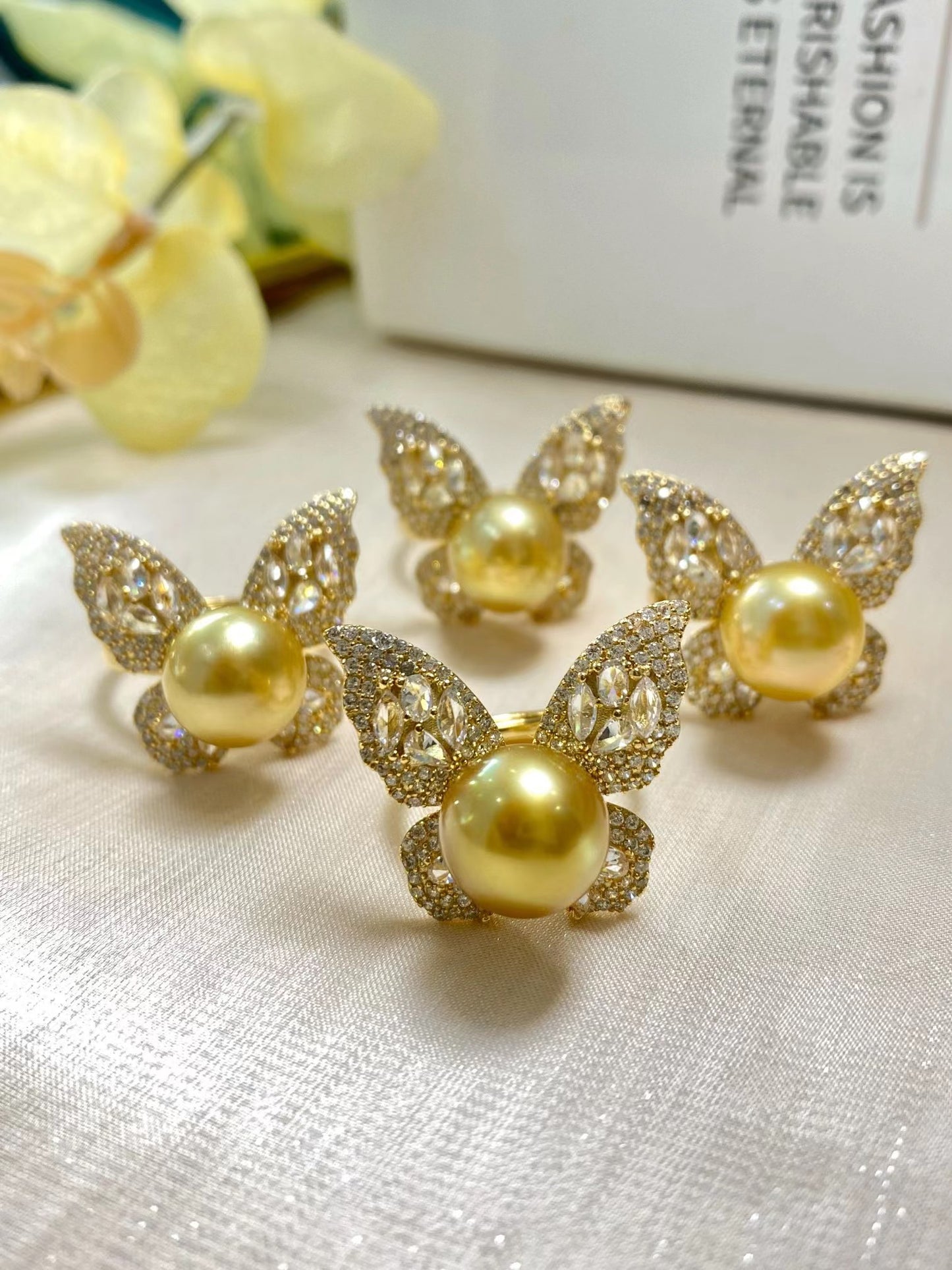 10-11mm Golden Pearl Butterfly Ring, S925 Sliver Setting