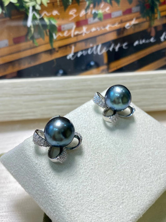 9-10mm Bowknot Tahitian Pearl Earring, S925 Sliver Setting