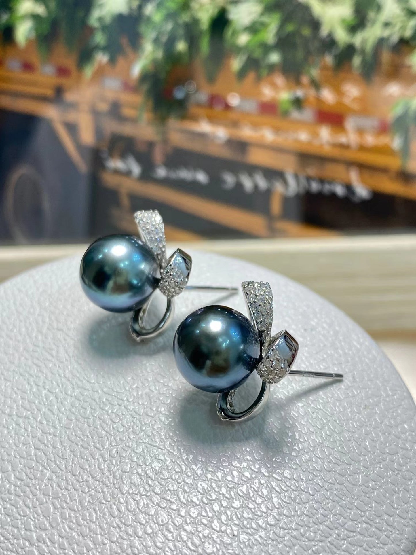 9-10mm Bowknot Tahitian Pearl Earring, S925 Sliver Setting