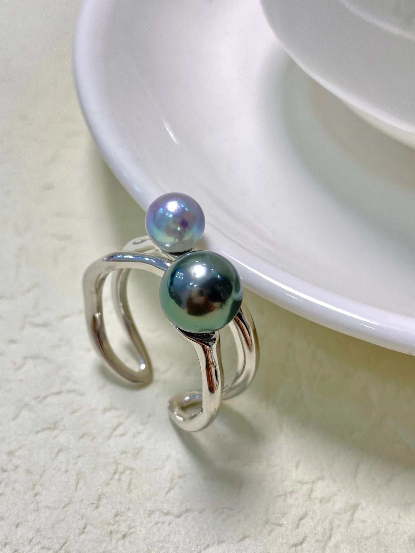 6-7/8-9mm Tahitian Pearl+Akoya Pearl Double Pearl Ring, S925 Sliver Setting